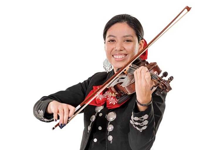 Music education student Erandi Sanchez, above, helped bring the Mariachi ensemble to Chapman’s Hall-Musco Conservatory of Music. Sanchez has been performing Mariachi since she was four years old, playing the violin, guitar, harp and the vihuela. Photo courtesy of Sanchez